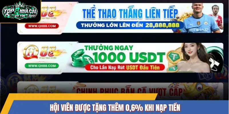 Hội viên được tặng thêm 0,6% khi nạp tiền